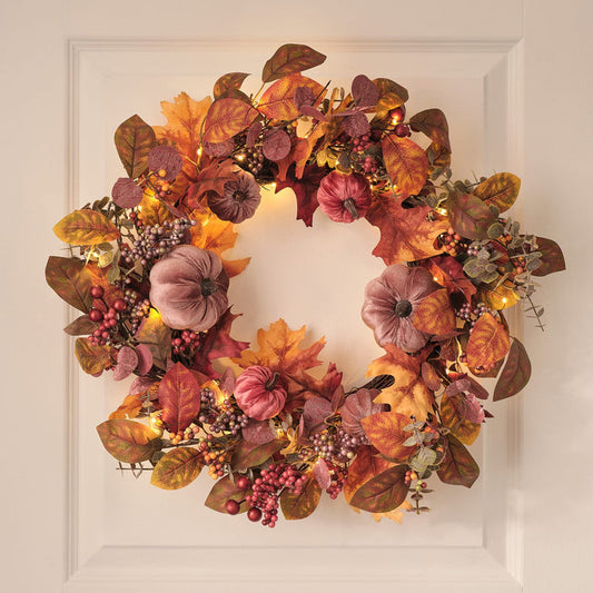 40cm Pre Lit Luxury Velvet Pumpkin Meadow Wreath