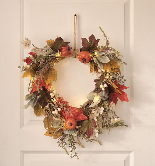 50cm Pre Lit Pumpkin Lane Autumn Wreath