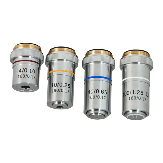 Achromatic Microscope Objective Lens Set (Oil Spring) 4X 10X 40X 100X, SKU BM05033012, three quarter front view