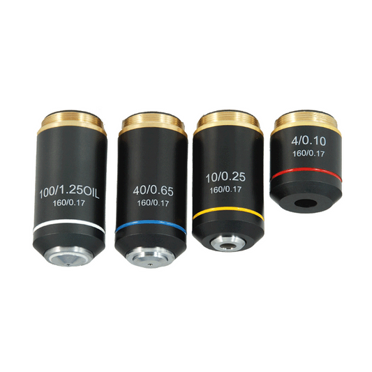 Achromatic Microscope Objective Lens Set (Oil Spring) 4X 10X 40X 100X with Black Finish, SKU BM05073011, three quarter front view