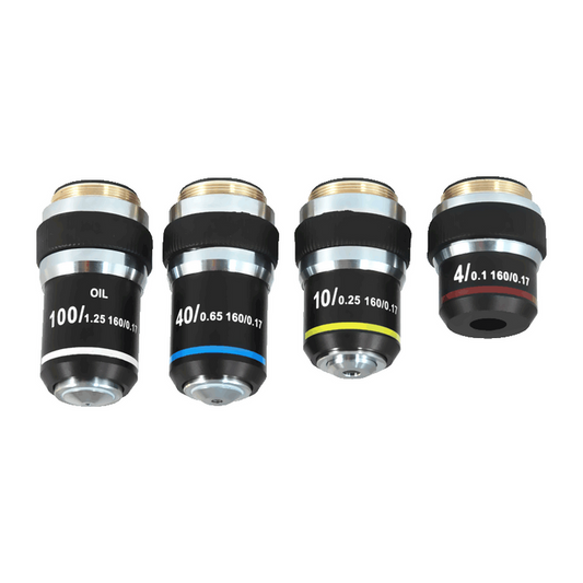 Achromatic Microscope Objective Lens Set (Oil Spring) 4X 10X 40X 100X with Black Finish, SKU BM13043011, three quarter front view