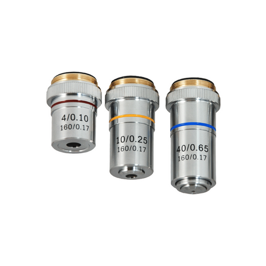 Achromatic Microscope Objective Lens Set (Spring) 4X 10X 40X, SKU BM05033011, three quarter front view