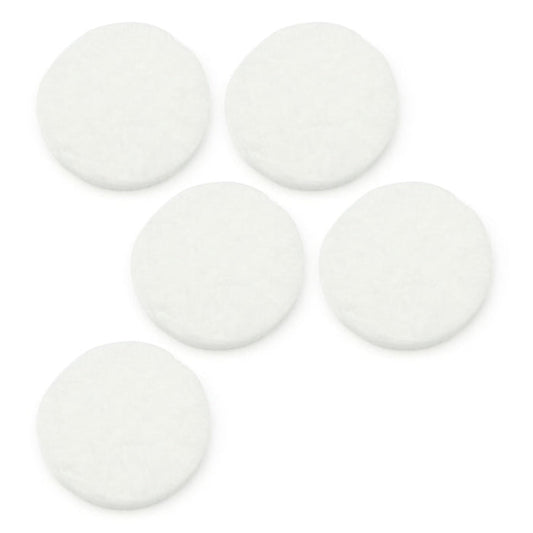 Five white circular filters on a white background