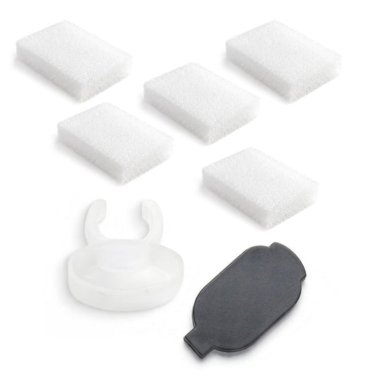 Set of white foam filters and a black rubber component on a white background