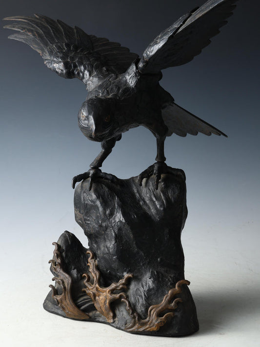 Antique Japanese Takaoka Bronze Hawk -Room Guardian Sculpture-