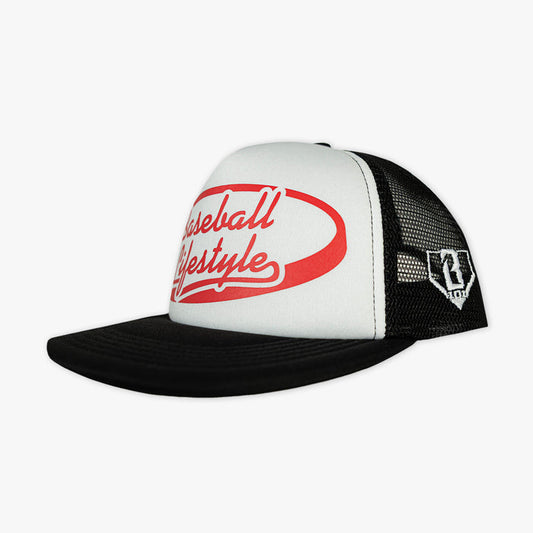 Baseball lifestyle cap with black mesh back and white front panel with red Baseball Lifestyle 101 logo on a white background
