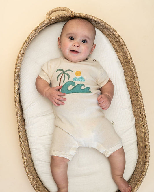 Beach Embroidered Baby Knit Romper (Organic Cotton) - Model