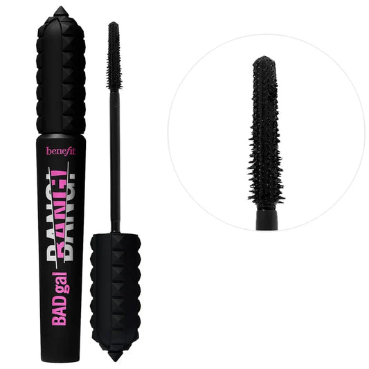 Benefit Cosmetics BADgal BANG! Volumizing Mascara in various shades, with a close-up of the brush and full mascara tube.