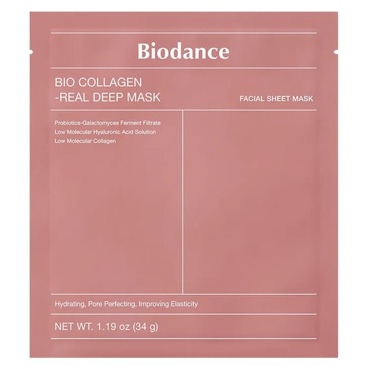 Biodance - Bio-collagen real deep mask 1x facial sheet mask in soft pink packaging with key ingredients and benefits for hydrating, pore perfecting, and improving skin elasticity in Korean skincare.