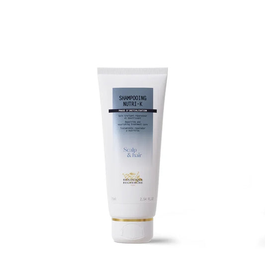Biologique Recherche Nutri-K shampoo for dry, damaged hair in 75ml travel size, nourishing and restoring hair health.