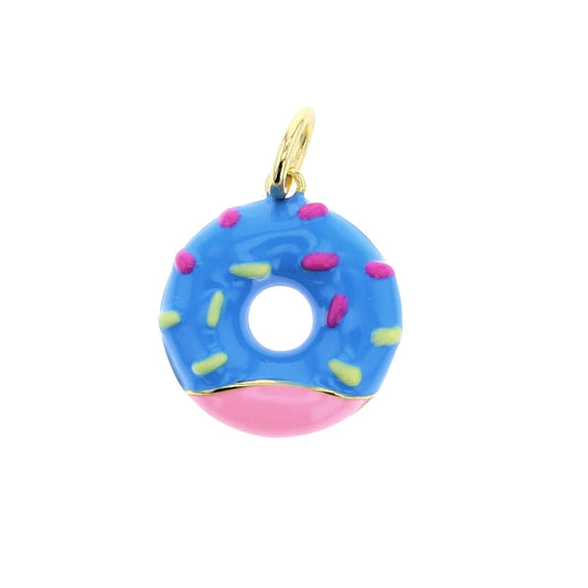 Blue donut charm with gold loop, central white hole, pink bottom, multicolor sprinkles