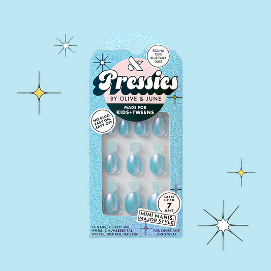 Blue Fairy Dust - Pressies | Extra Short Short | Round showing iridescent pastel blue press on nails in glittery packaging on blue background