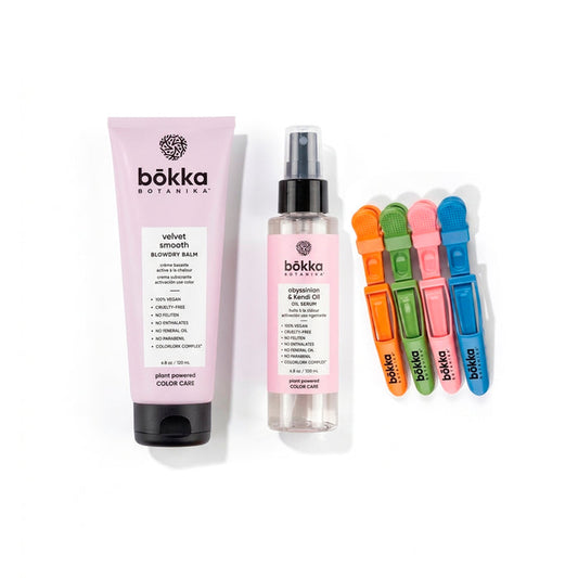 bokka haircare products including a tube, bottle, and colorful hair clips on a white background