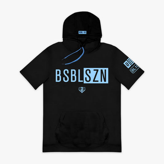 Black and light blue BSBL-SZN short sleeve hoodie — front view
