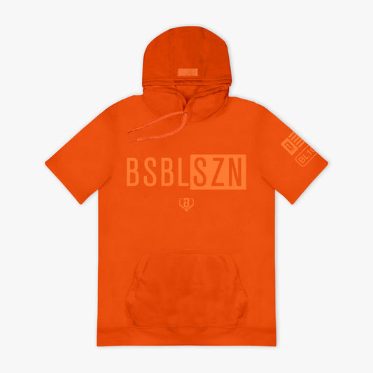 Orange hoodie with light orange 'BSBL SZN' text on a white background