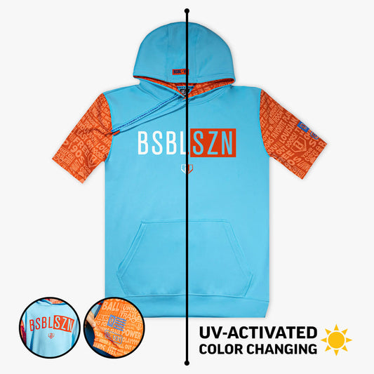 Blue and orange hoodie with UV-activated color changing feature on a white background