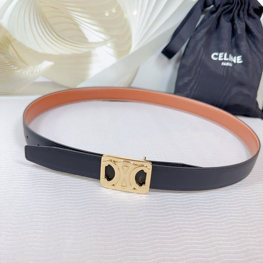 CELINE CL MEDIUM 25 MM REVERSIBLE FRAMED TRIOMPHE BELT BLACK AND BRONZE BROWN CALFSKIN LIGHT GOLD HARDWARE