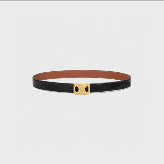 CELINE CL MEDIUM 25 MM REVERSIBLE FRAMED TRIOMPHE BELT BLACK AND BRONZE BROWN CALFSKIN GOLD HARDWARE