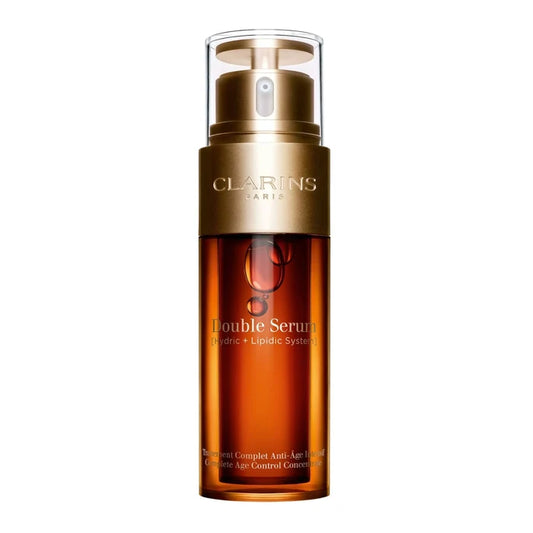 Clarins Double Serum 50ml beauty product in unopened packaging, featuring the iconic glass bottle with silver pump.