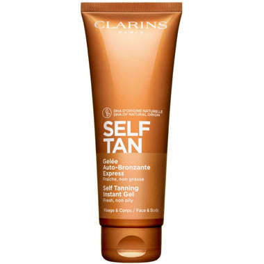 Clarins Self Tanning Instant Gel 125ml, bright packaging, showing the tube and product details for a beauty tanning gel