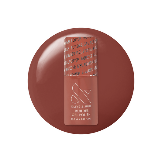 Cocoa Mousse - Builder Gel polish bottle on a smooth chocolate brown gel manicure background for neutral nails