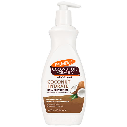Palmer's Coconut Hydrate Body Lotion, 400 mL pump bottle, dermatologist-approved.