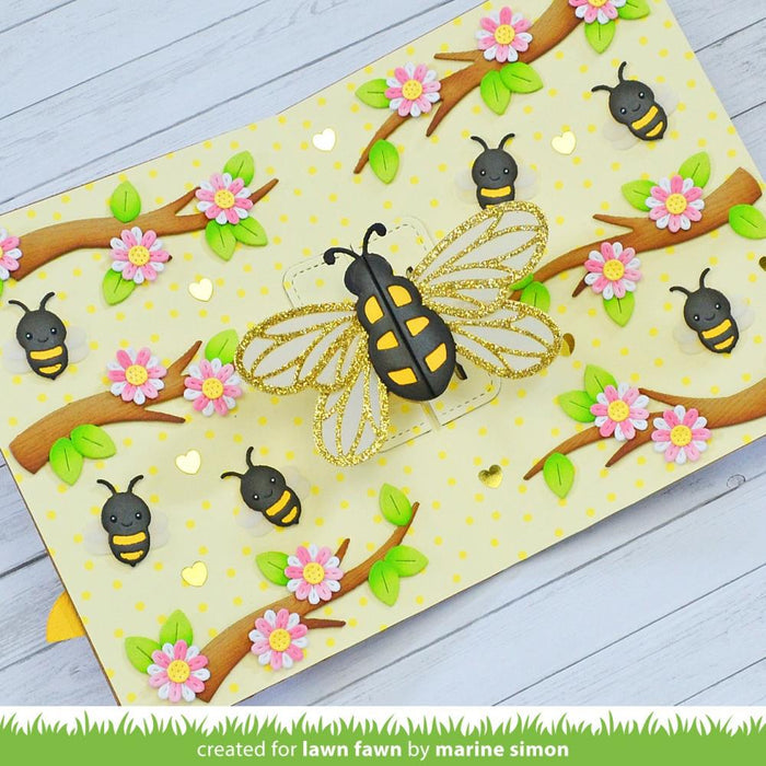 Lawn Cuts - Custom Craft Die Pop-Up - Bee. Dies are perfect for cards, scrapbooks, journals, gift cards, bookmarks and more. Simply cut the shapes and decorate in your favorite way. Available at Embellish Away located in Bowmanville Ontario Canada.