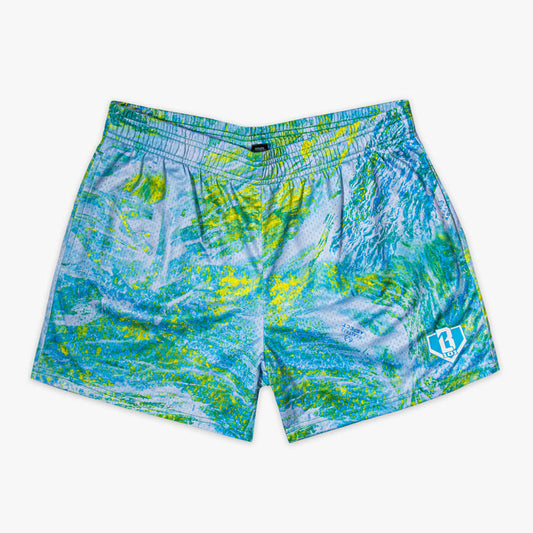 Blue and green marble patterned shorts with BL101 logo on a white background