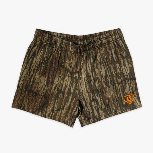 Camouflage shorts with a orange BL101 logo on a white background