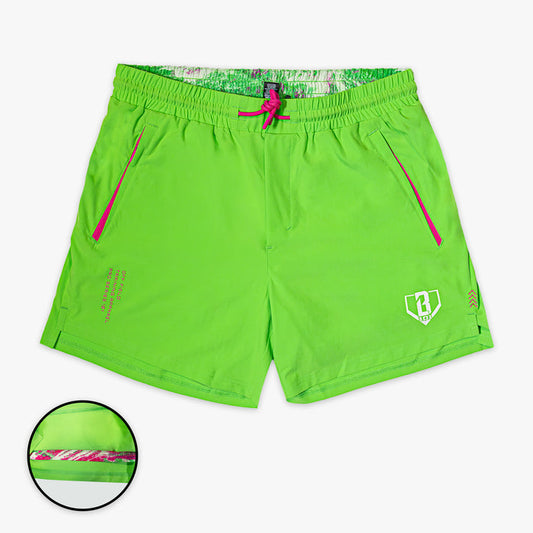 Green and aspect-pink Realtree Pro Series with Liner youth shorts — front view