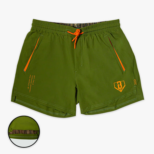 Olive green and legacy Realtree Pro Series with Liner shorts — front view
