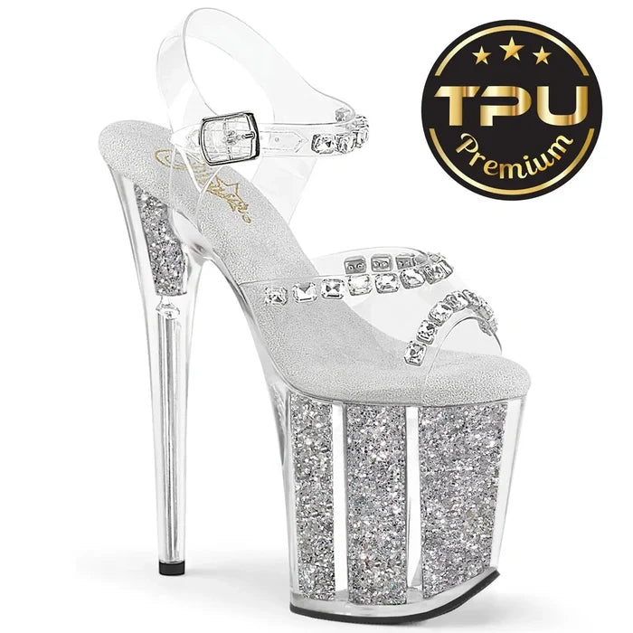 Sandalia Pole Dance Pleaser FLAMINGO-808PREM-STNG Transparente con Glitter Plata 20 cm