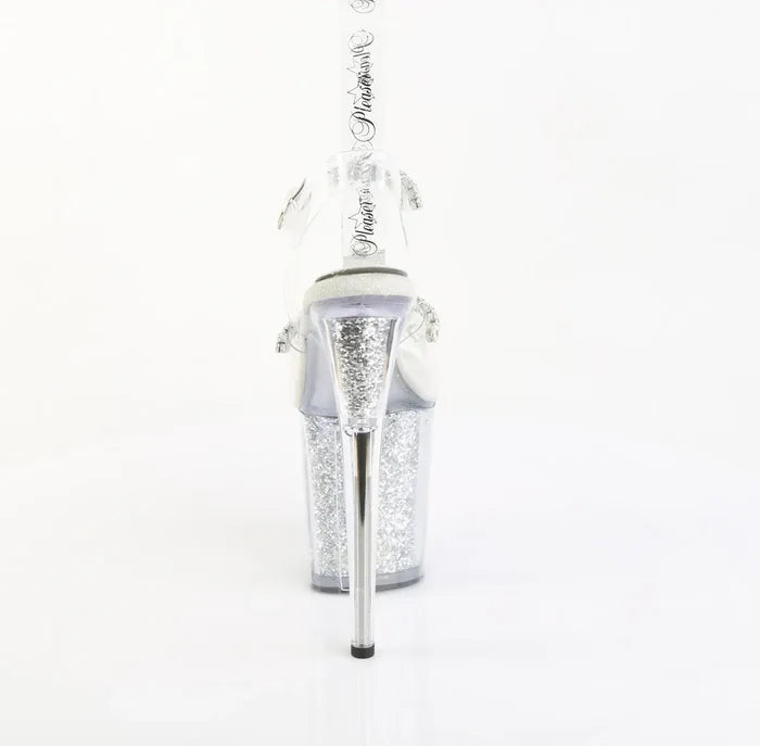 Sandalia Pole Dance Pleaser FLAMINGO-808PREM-STNG Transparente con Glitter Plata 20 cm