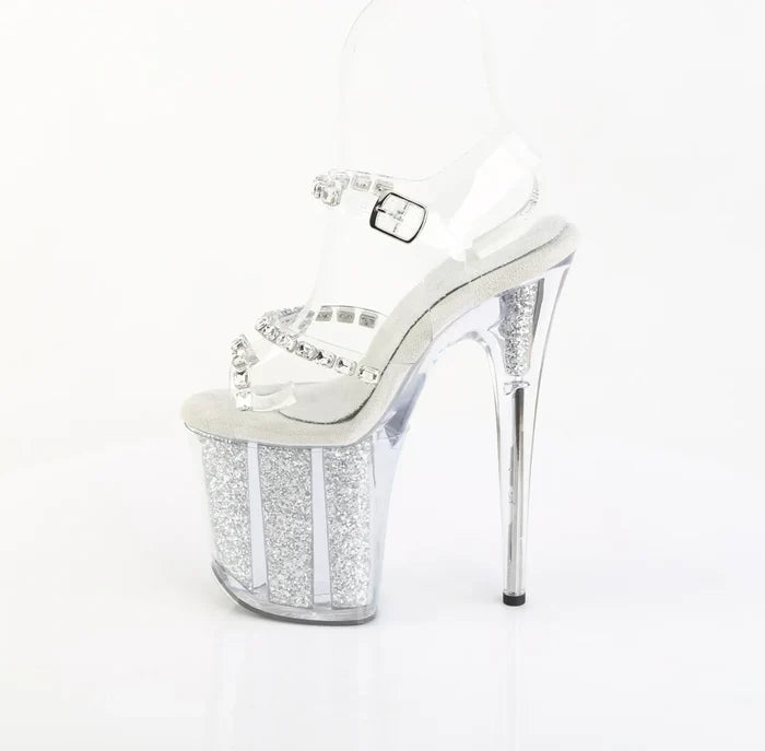 Sandalia Pole Dance Pleaser FLAMINGO-808PREM-STNG Transparente con Glitter Plata 20 cm