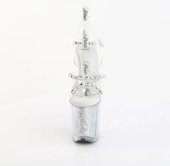 Sandalia Pole Dance Pleaser FLAMINGO-808PREM-STNG Transparente con Glitter Plata 20 cm
